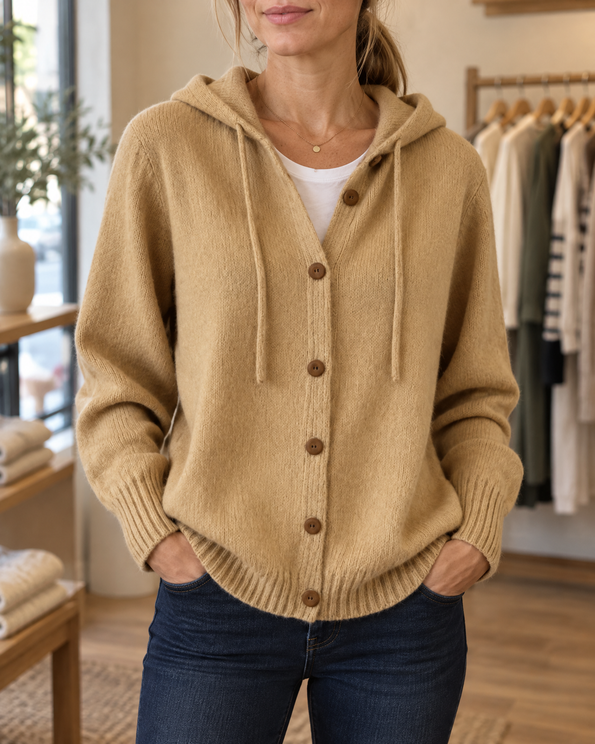 Nyla™ Cardigan med Hette — Khaki