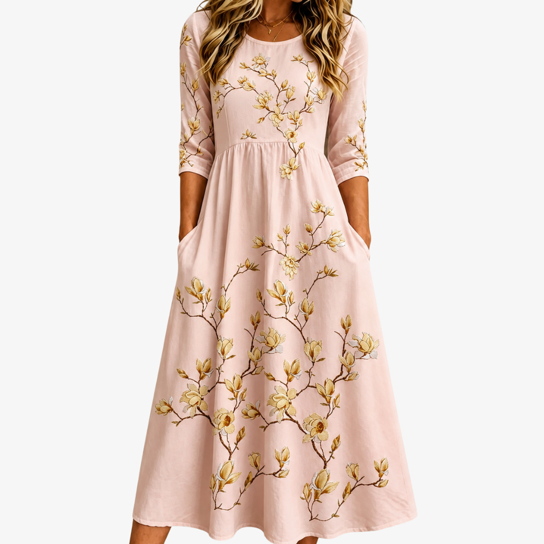 AMELIA GOLDEN™ | MAGNOLIA BLOMSTER MIDI-KJOLE MED LOMMER