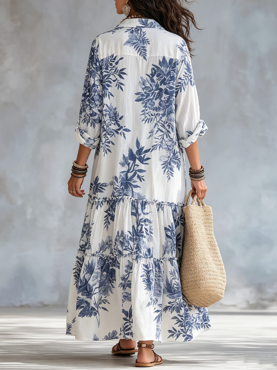 DAHLIA™ | BOHEMISK BLA BLOMSTER KNAPPEKJOLE TIERED MAXI