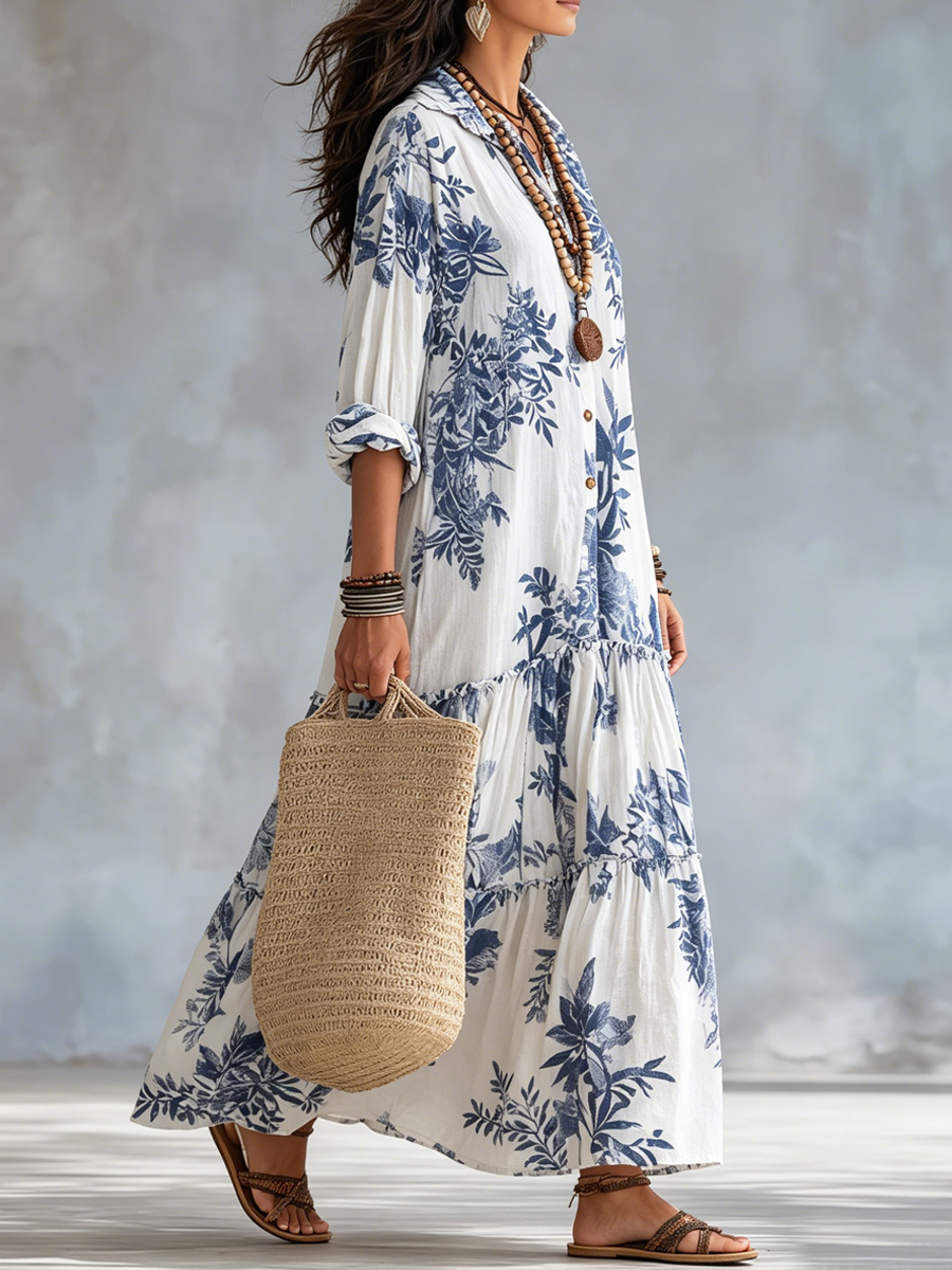 DAHLIA™ | BOHEMISK BLA BLOMSTER KNAPPEKJOLE TIERED MAXI