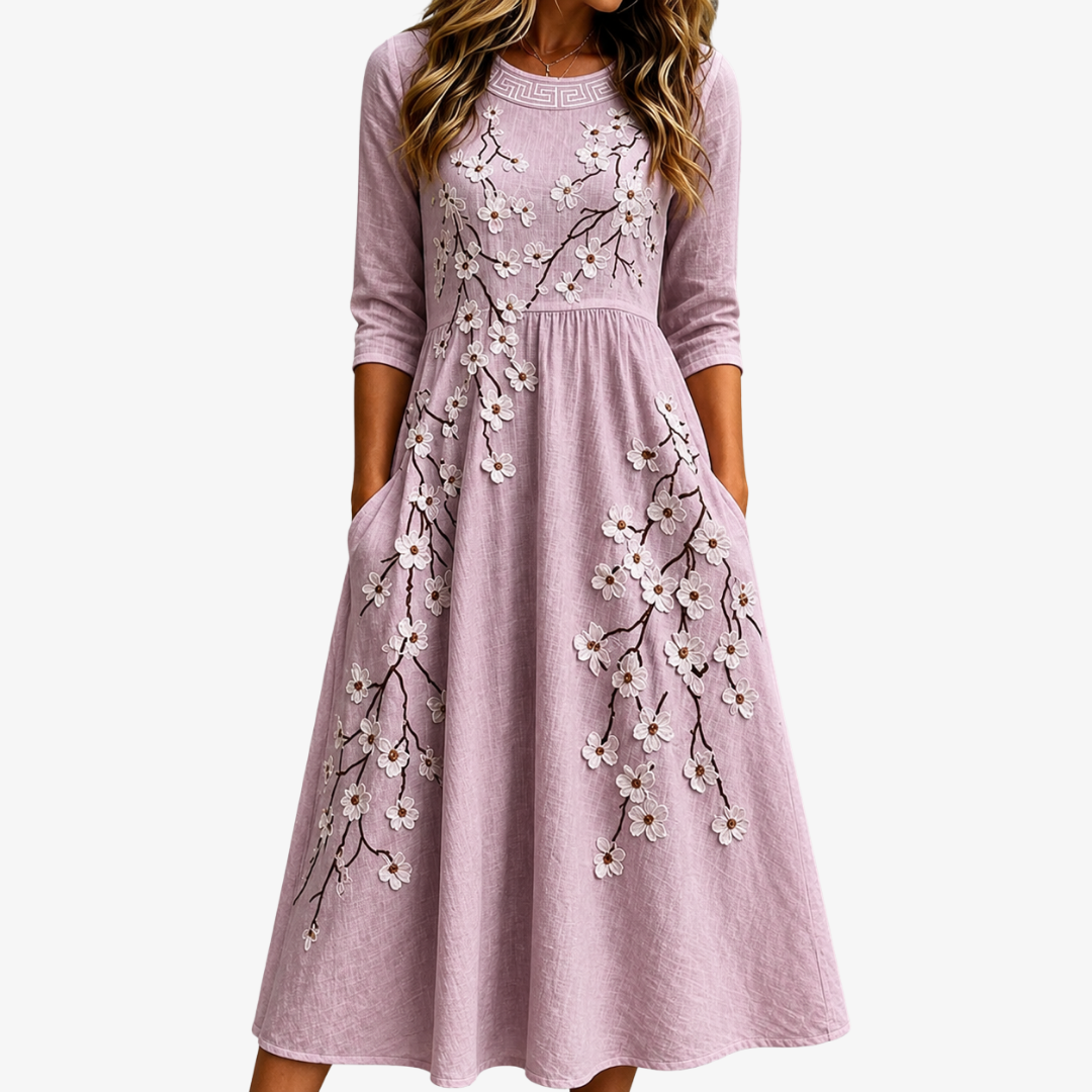 BLUSHING ORCHARD FLORAL™ | RØDMENDE FRUKTHAGE BLOMSTER MIDI-KJOLE