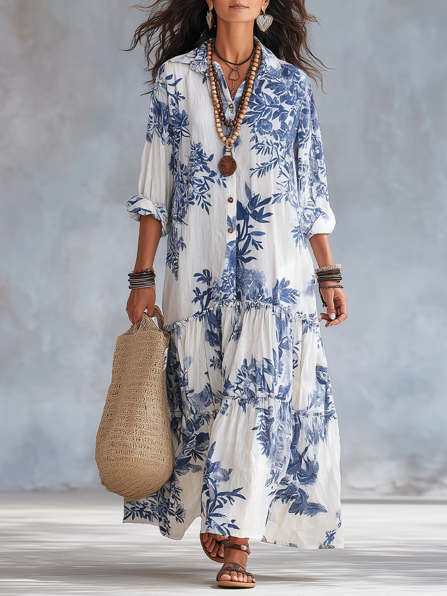 DAHLIA™ | BOHEMISK BLA BLOMSTER KNAPPEKJOLE TIERED MAXI