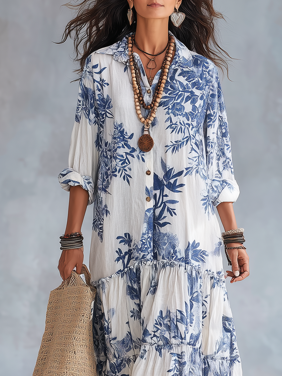 DAHLIA™ | BOHEMISK BLA BLOMSTER KNAPPEKJOLE TIERED MAXI