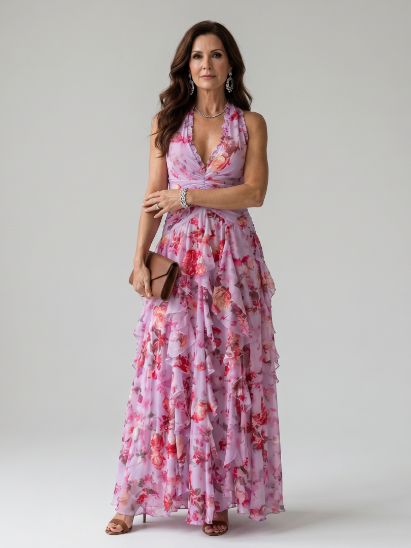 NORI™ | HALSNAKKE RYNKET OVERDEL BLOMSTER MAXI-KJOLE