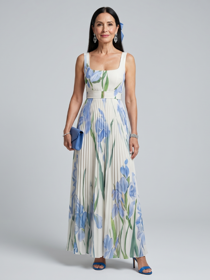 OPHELIA™ | ERMELOS FIRKANTET HALS BLOMSTER MIDI-KJOLE
