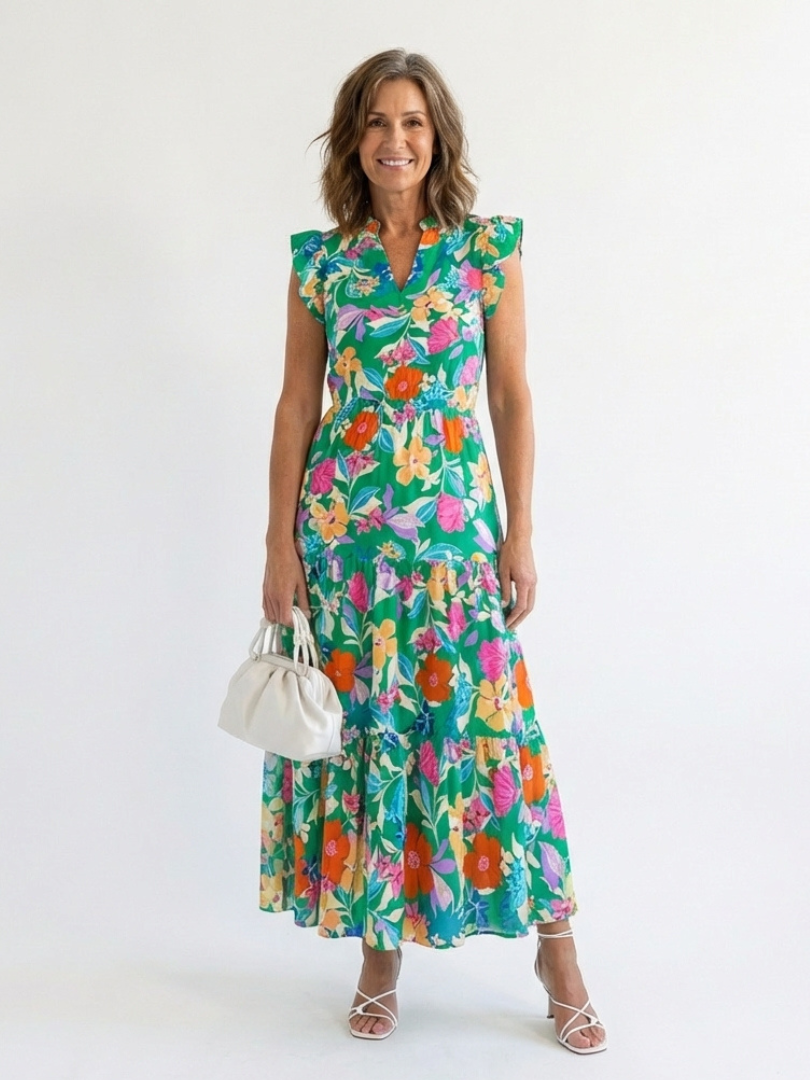 ELINA™ | TROPISK BLOMSTER TIERED MIDI-KJOLE