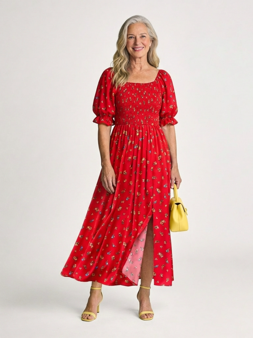 CAMILLE™ | SMOCKET BLOMSTER MIDI-KJOLE MED FIRKANTET HALS
