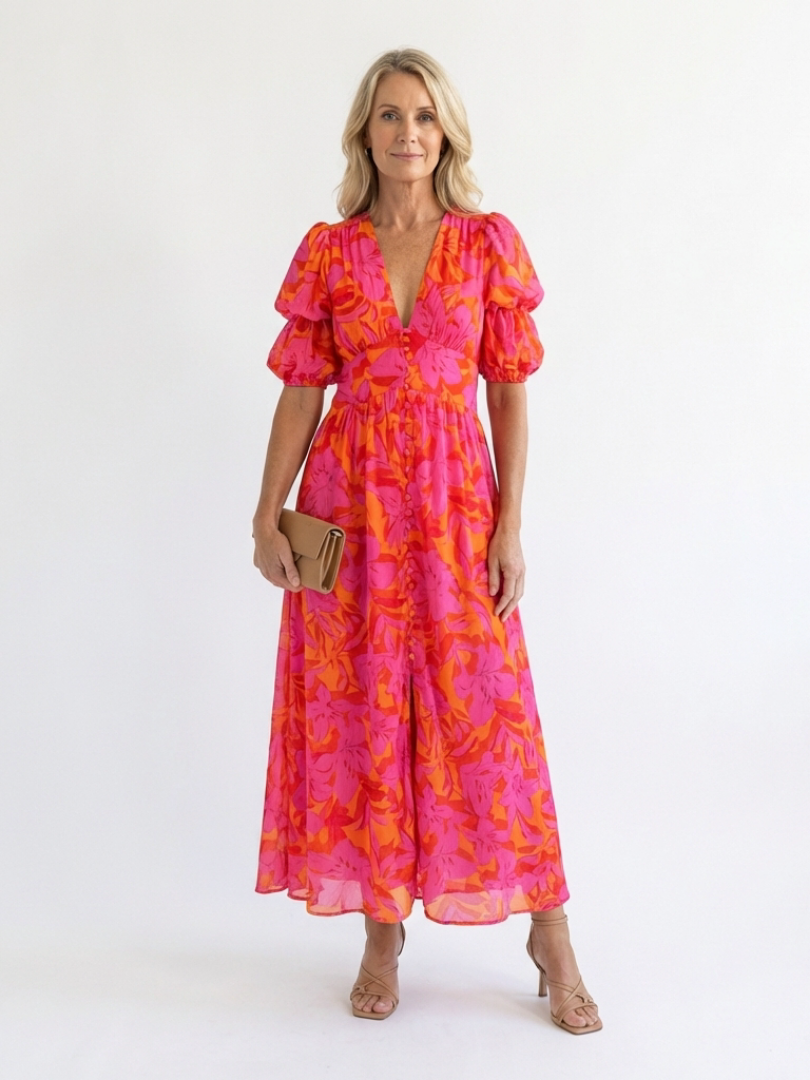 FLAVIE™ | TROPISK BLOMSTER PUFFÆRMET MIDI-KJOLE