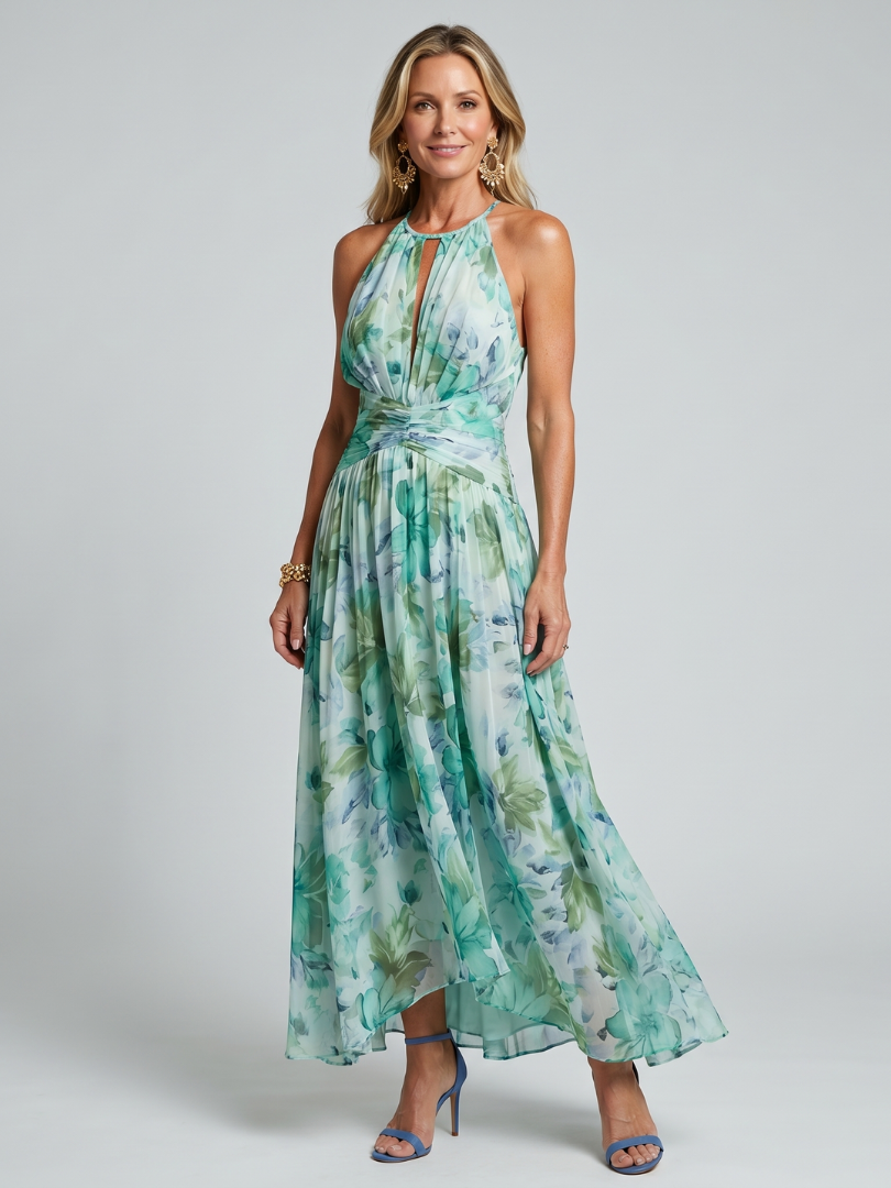 PORTIA™ | PLISSERT HALSNAKKE BLOMSTER MIDI-KJOLE