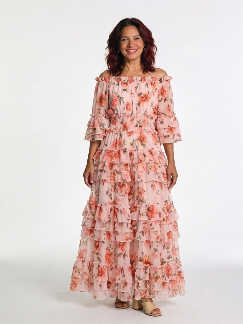 ISALINE™ | SKULDERLØS BLOMSTER TIERED MAXI-KJOLE