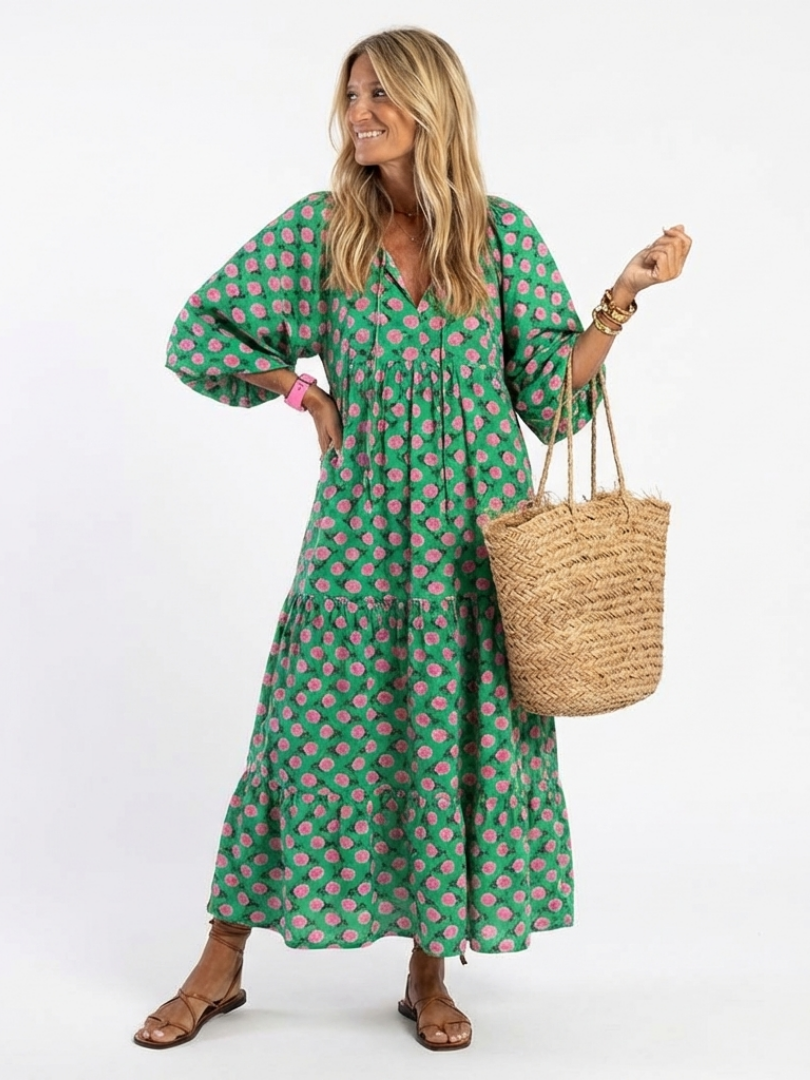 FIORA™ | BLOMSTER V-HALS TIERED MIDI-KJOLE