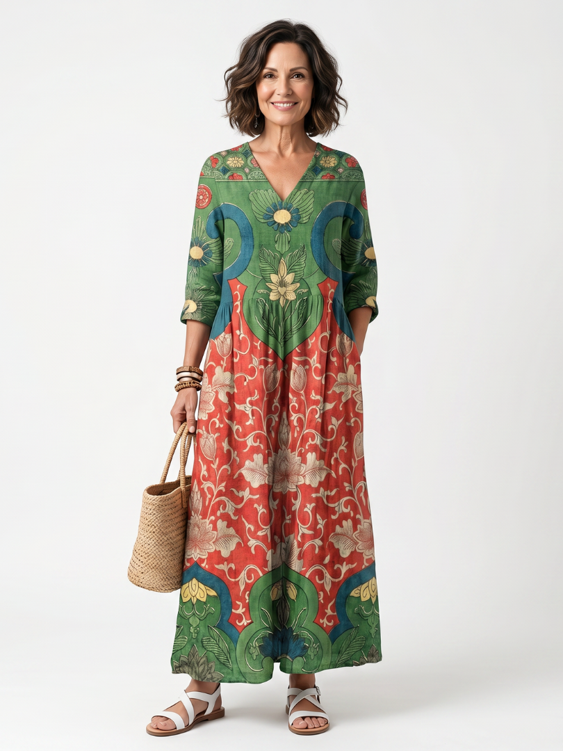 SLOANE™ | MIXED PRINT V-HALS MIDI-KJOLE MED LOMMER
