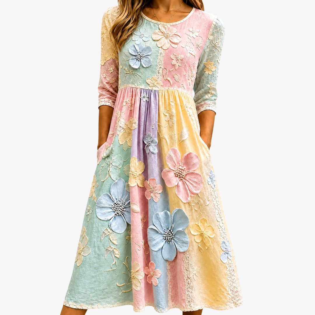 PASTEL BLOOM GARDEN™ | PASTELL BLOMST HAGE MIDI-KJOLE MED LOMMER