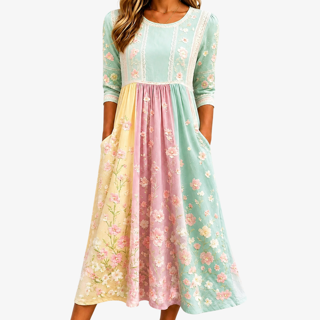 SPRING BLOSSOM PATCHWORK™ | VÅRBLOMST LAPPETEPPE MIDI-KJOLE MED LOMMER