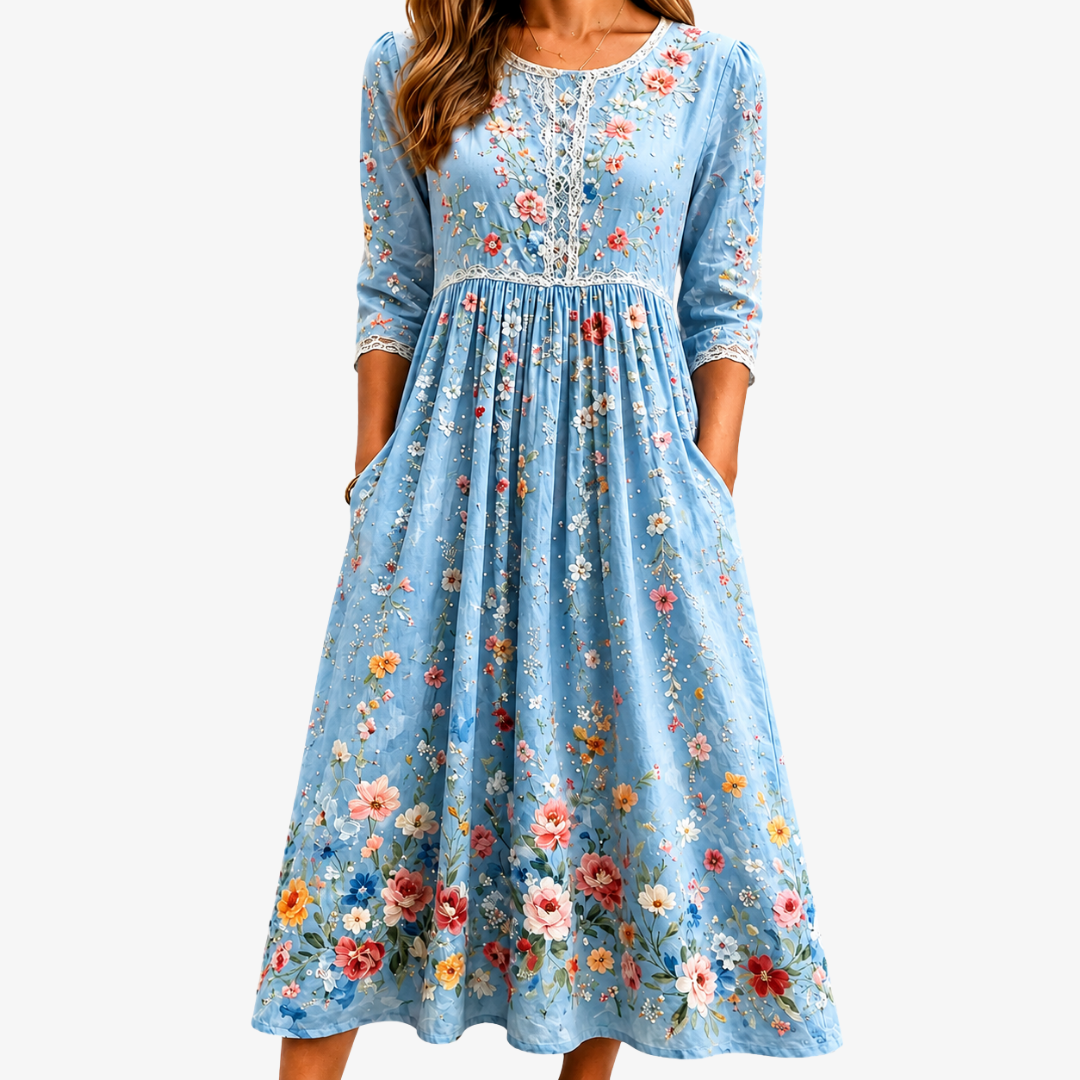 MARY™ | BLÅ BLOMST MAXI-KJOLE MED LOMMER — S (4–6)