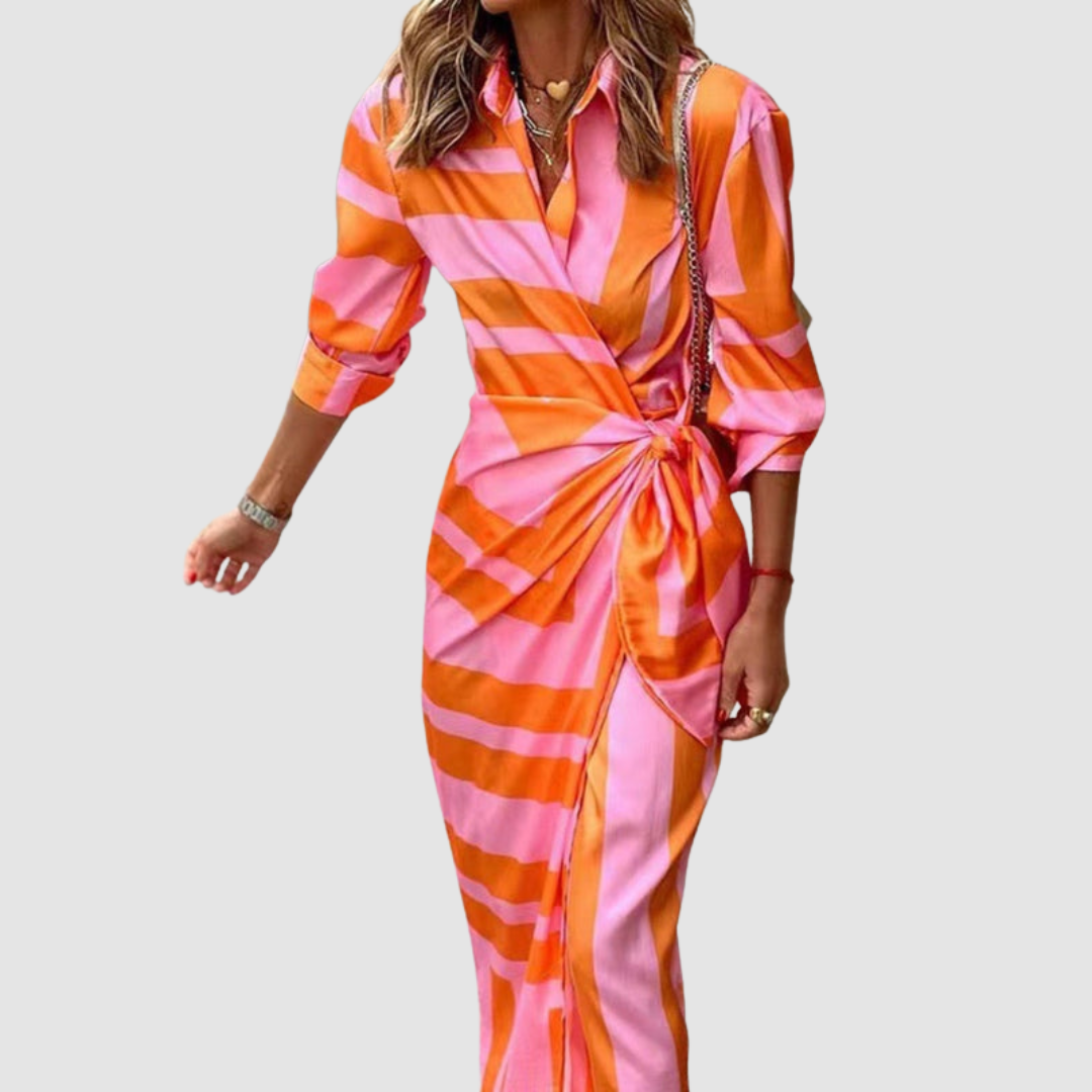 Cecilia™ | Elegant Stripet Midi-kjole — Oransje og Rosa