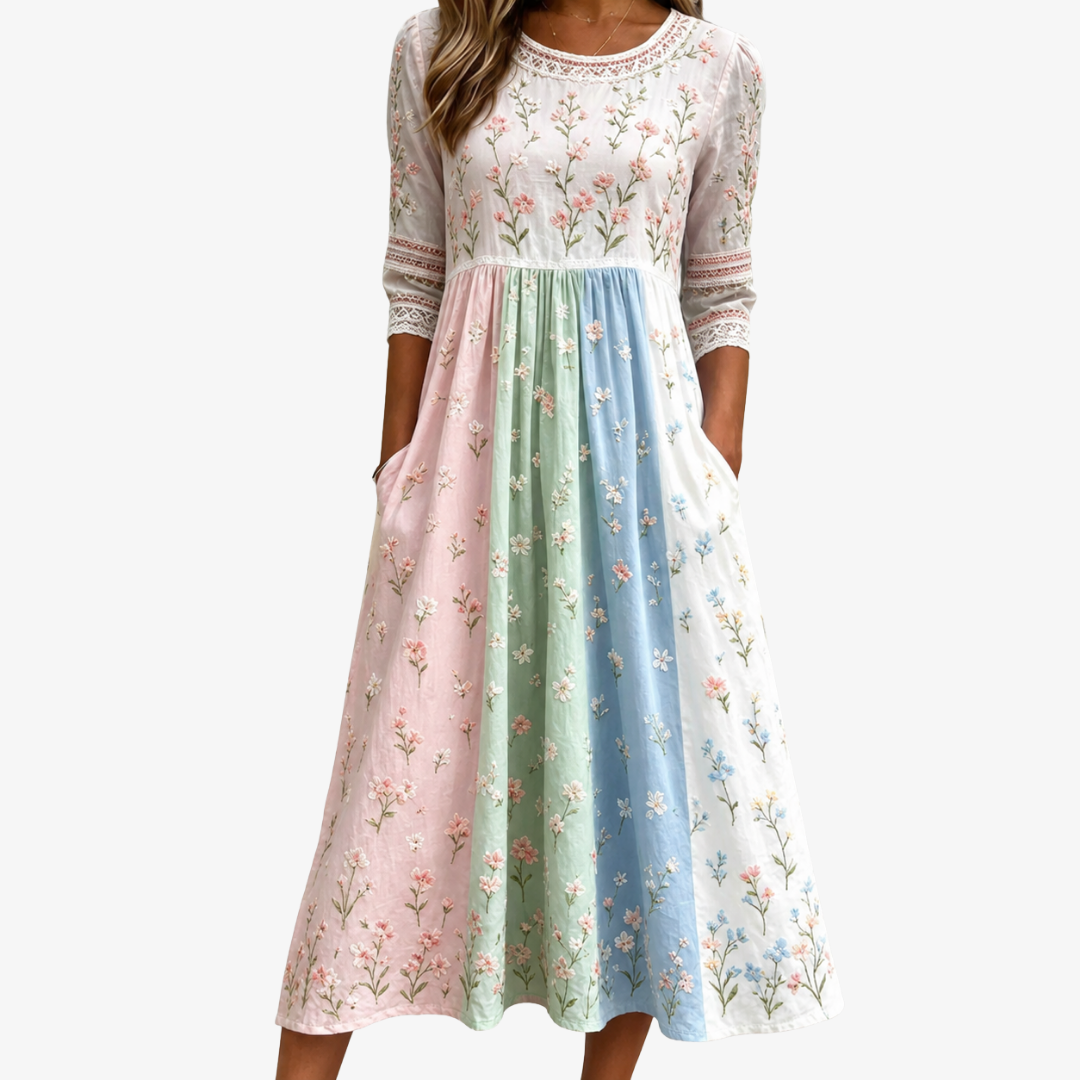 PASTEL MEADOW FLORAL™ | PASTELL ENG BLOMSTER MIDI-KJOLE MED LOMMER