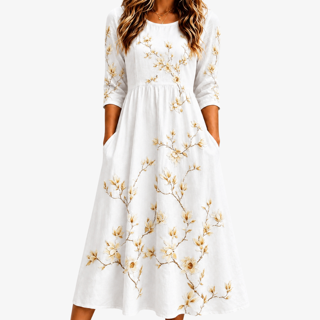 IVORY BLOSSOM GRACE™ | ELFENBEIN BLOMST GRASIØS MIDI-KJOLE MED LOMMER