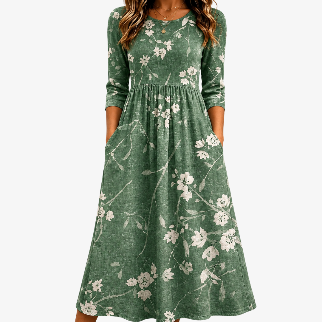 EVERGREEN BLOOM™ | AVSLAPPET GRØNN BLOMSTER MIDI-KJOLE MED LOMMER