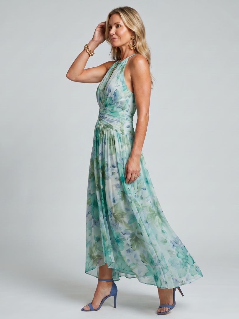 Portia | Plissert Halter Myk Blomstret Midikjole