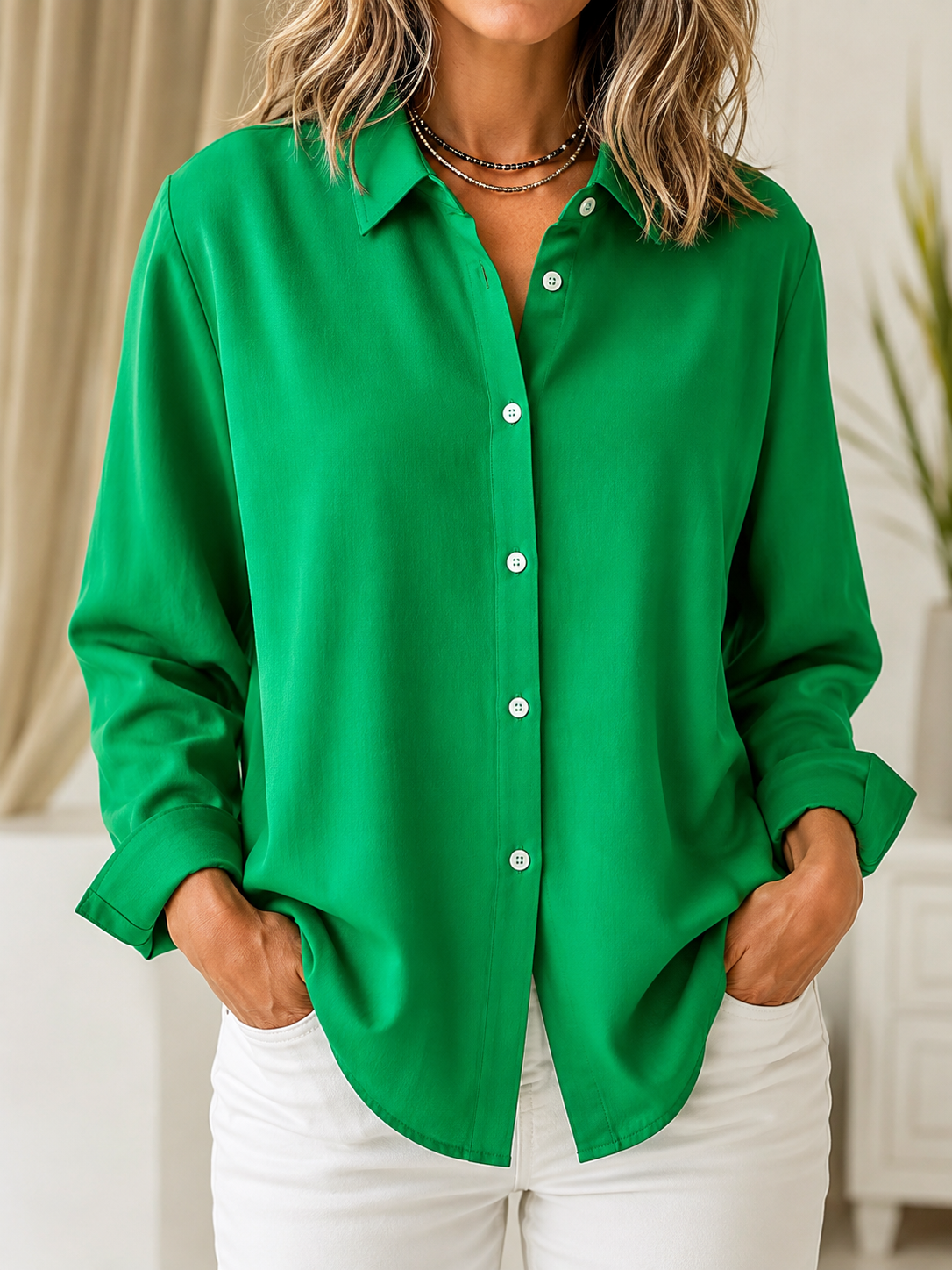 MARGIT™ | VINTAGE KNAPPEBLUSE — Grønn