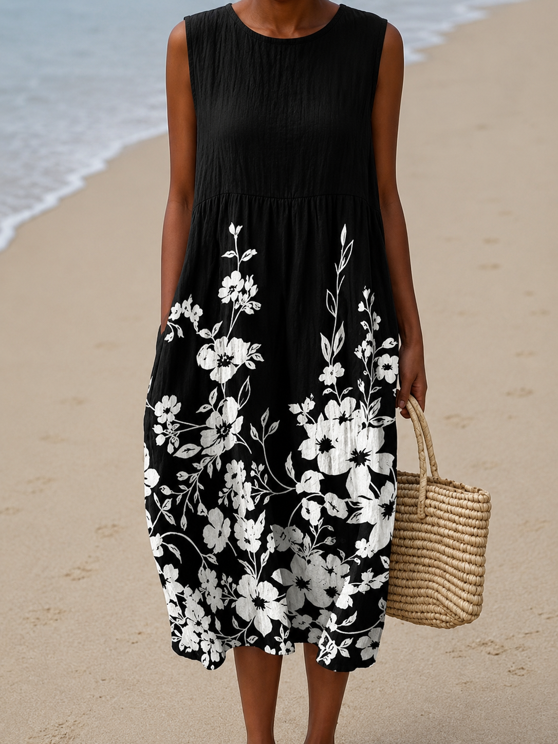 CHLOE™ | SKULDERLØS PRINTED CASUAL MIDI-KJOLE