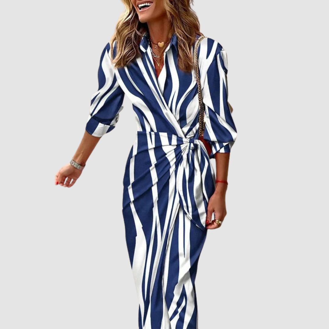 Cecilia™ | Elegant Stripet Midi-kjole — Mørkeblå og Hvit