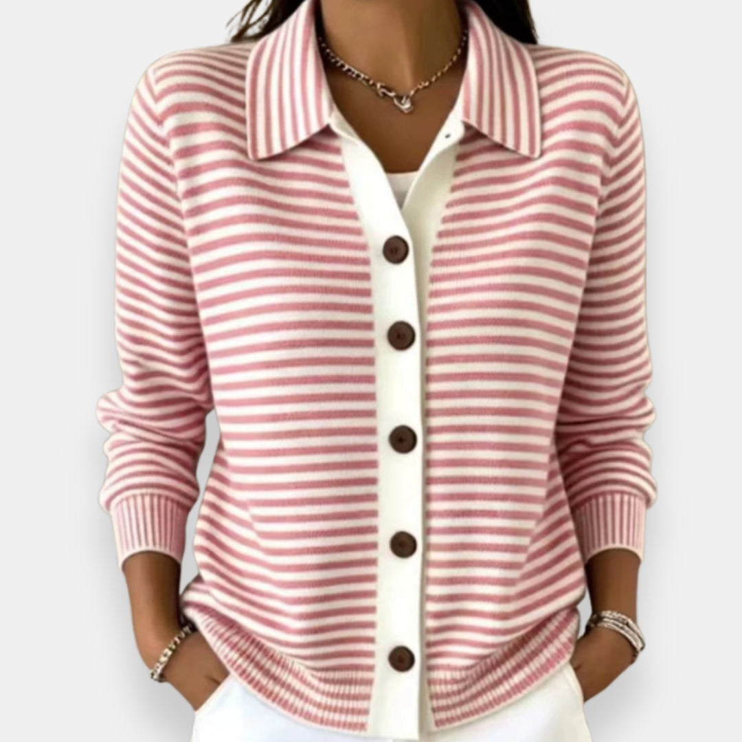 Norah™ Stripet Knappecardigan — Rosa