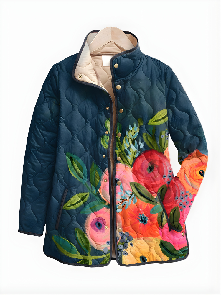 Yara™ Quiltet Jakke med Blomstertrykk — Mørkeblå