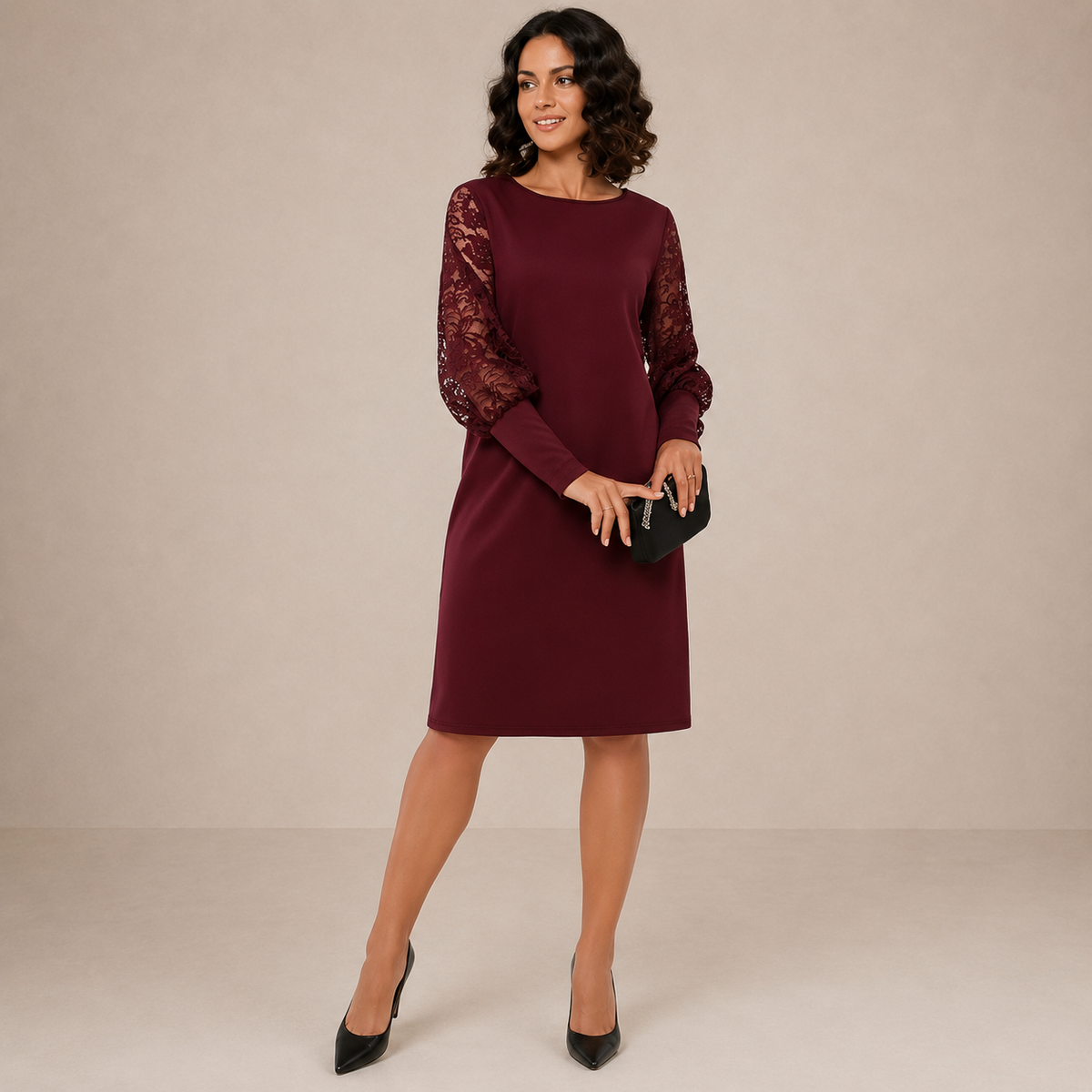 HALINA™ | ELEGANT MIDIKJOLE — Bordowy