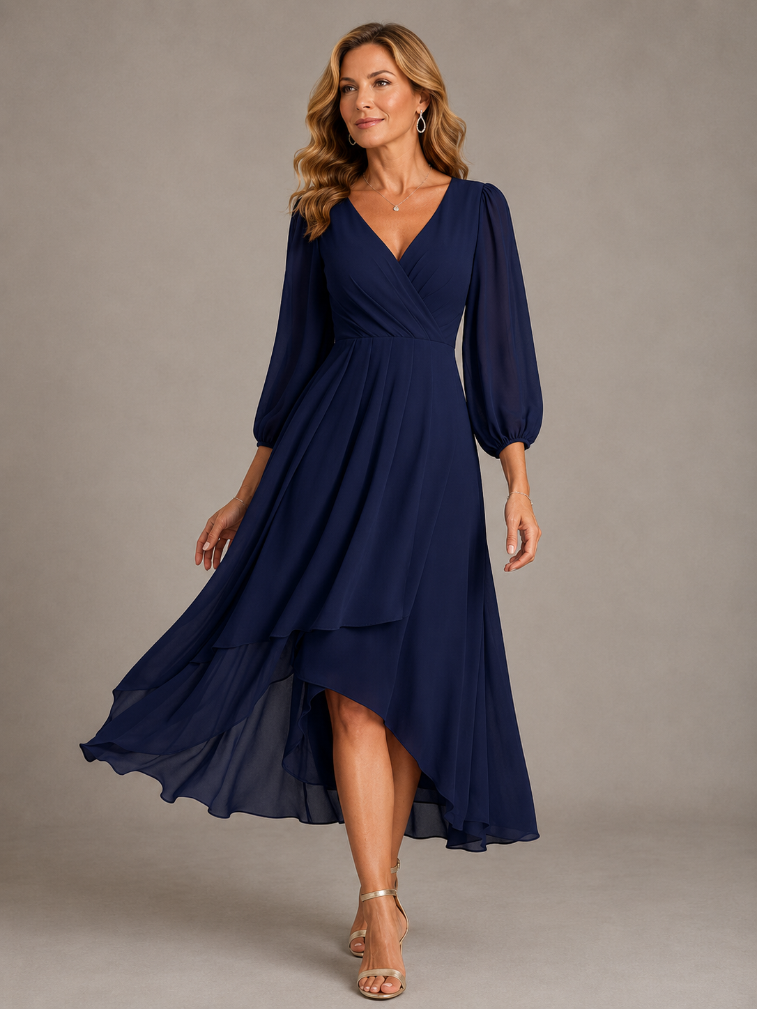 MIA™ | ELEGANT LANG KJOLE MED V-HALS — Marineblå