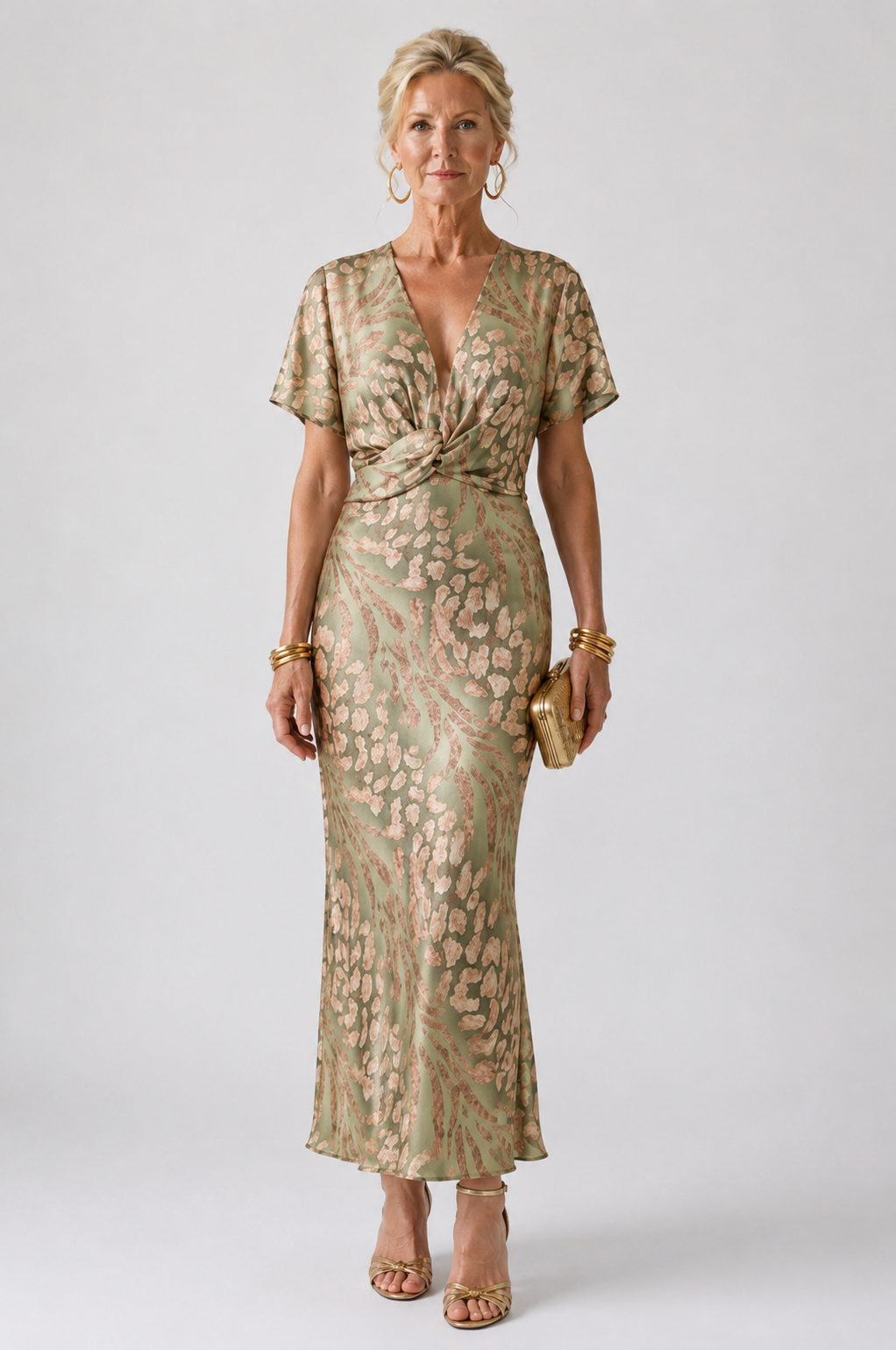 CORALIE™ | ABSTRAKT PRINT V-HALS TWIST MIDJE MIDI-KJOLE