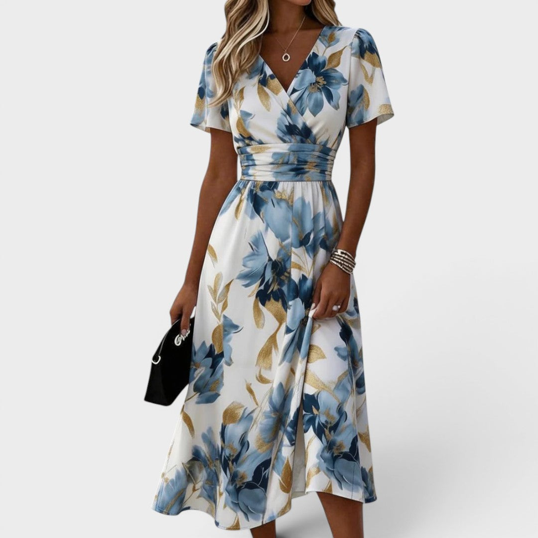 Denise™ | Blomstrete omslagskjole i midi-lengde