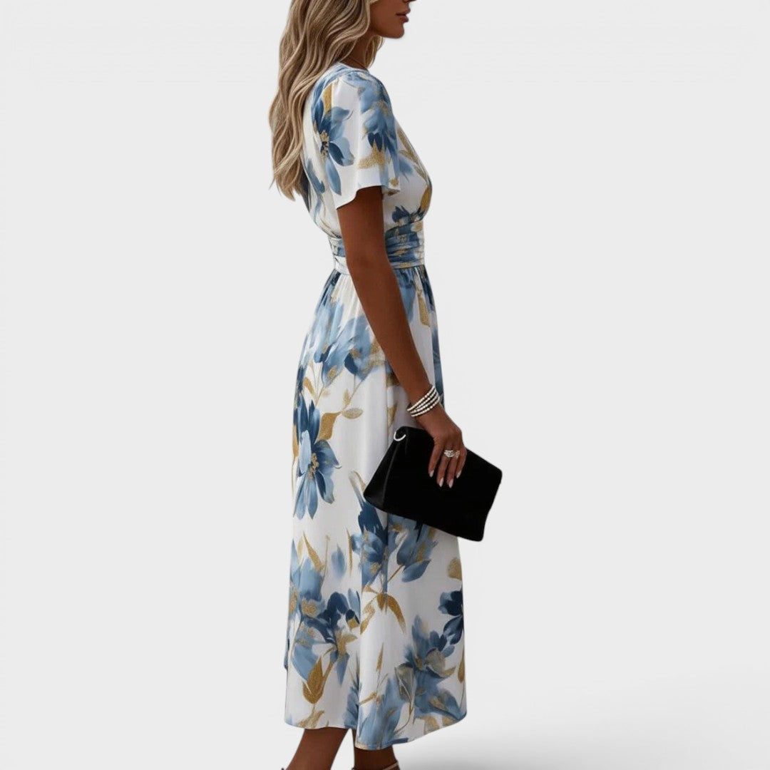 Denise™ | Blomstrete omslagskjole i midi-lengde