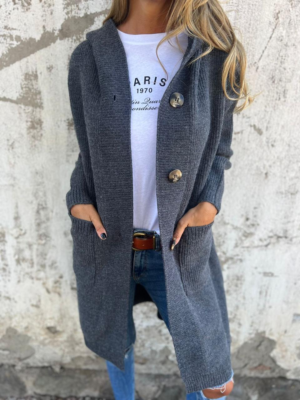 Lang Strikkecardigan med Knapper
