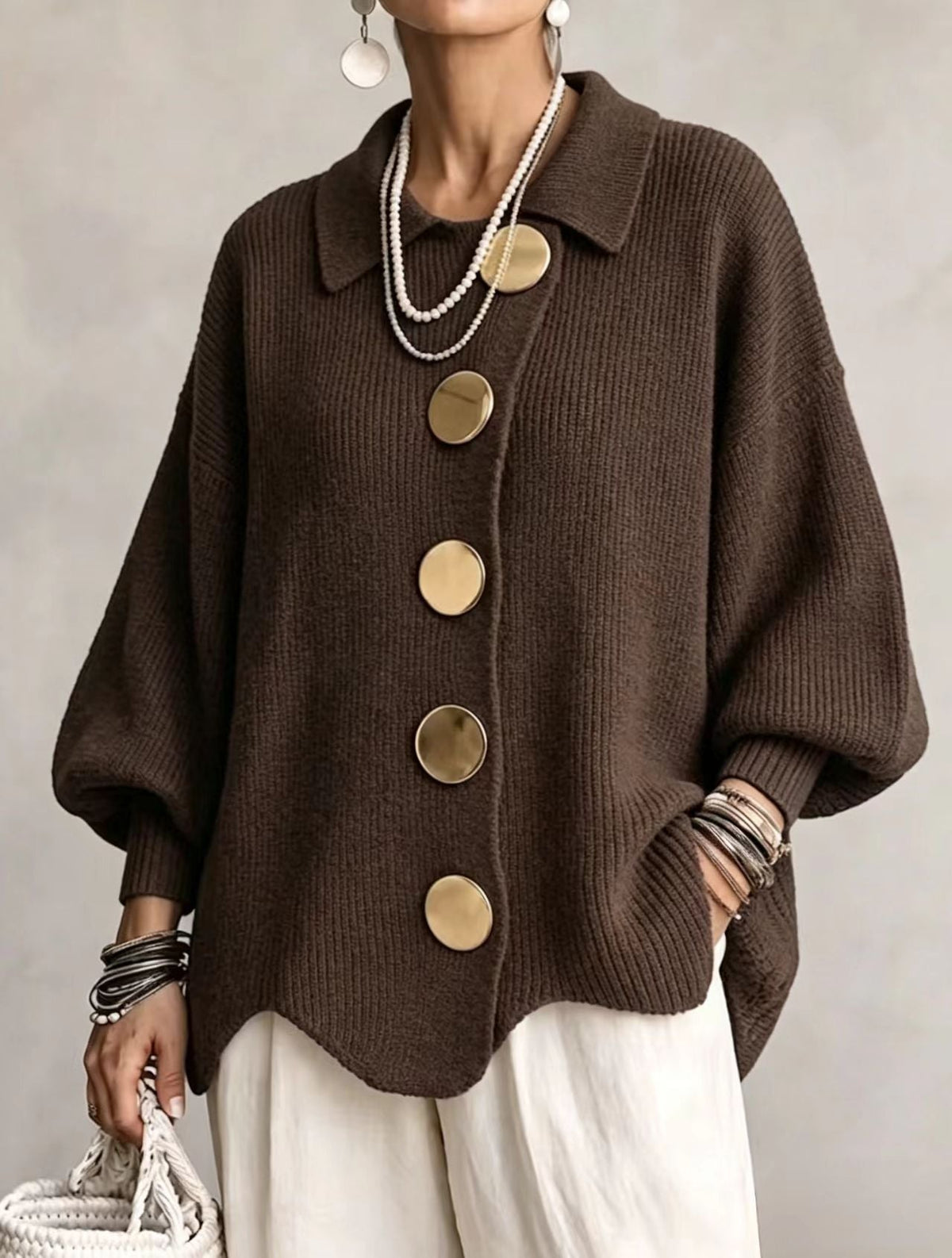 Freja™ Oversized Cardigan med Metallknapper — Mokka