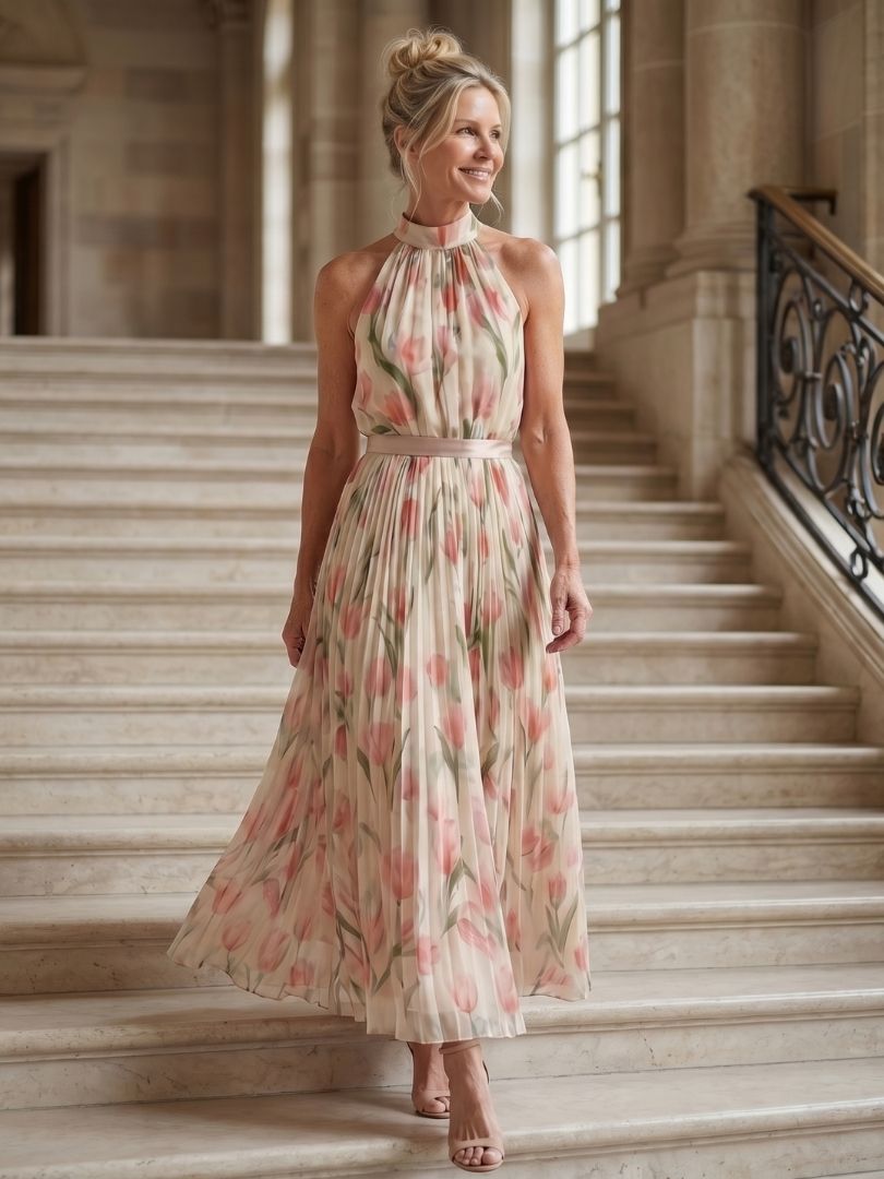 Aurelle | Halterneck Blomstret Midikjole