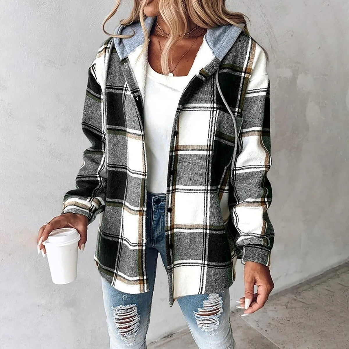KRISTINE™ | RUTETE SKJORTEJAKKE MED HETTE — Black Plaid