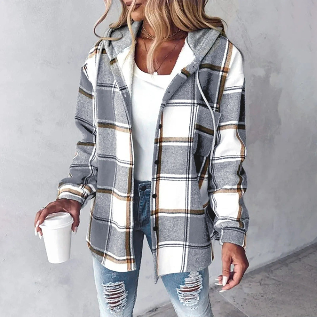 KRISTINE™ | RUTETE SKJORTEJAKKE MED HETTE — Grey Plaid