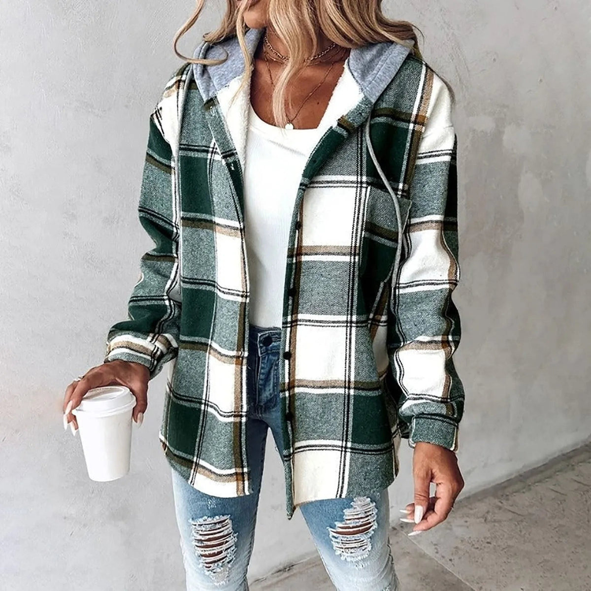KRISTINE™ | RUTETE SKJORTEJAKKE MED HETTE — Green Plaid