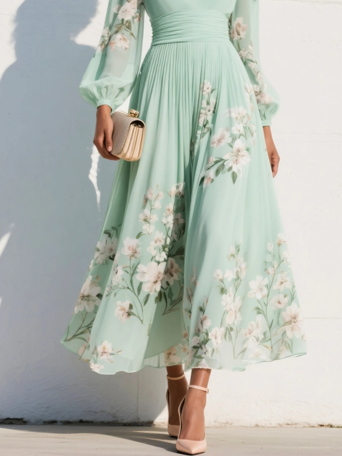 Odelia | Blomstret Midikjole med Flytende Silhuett