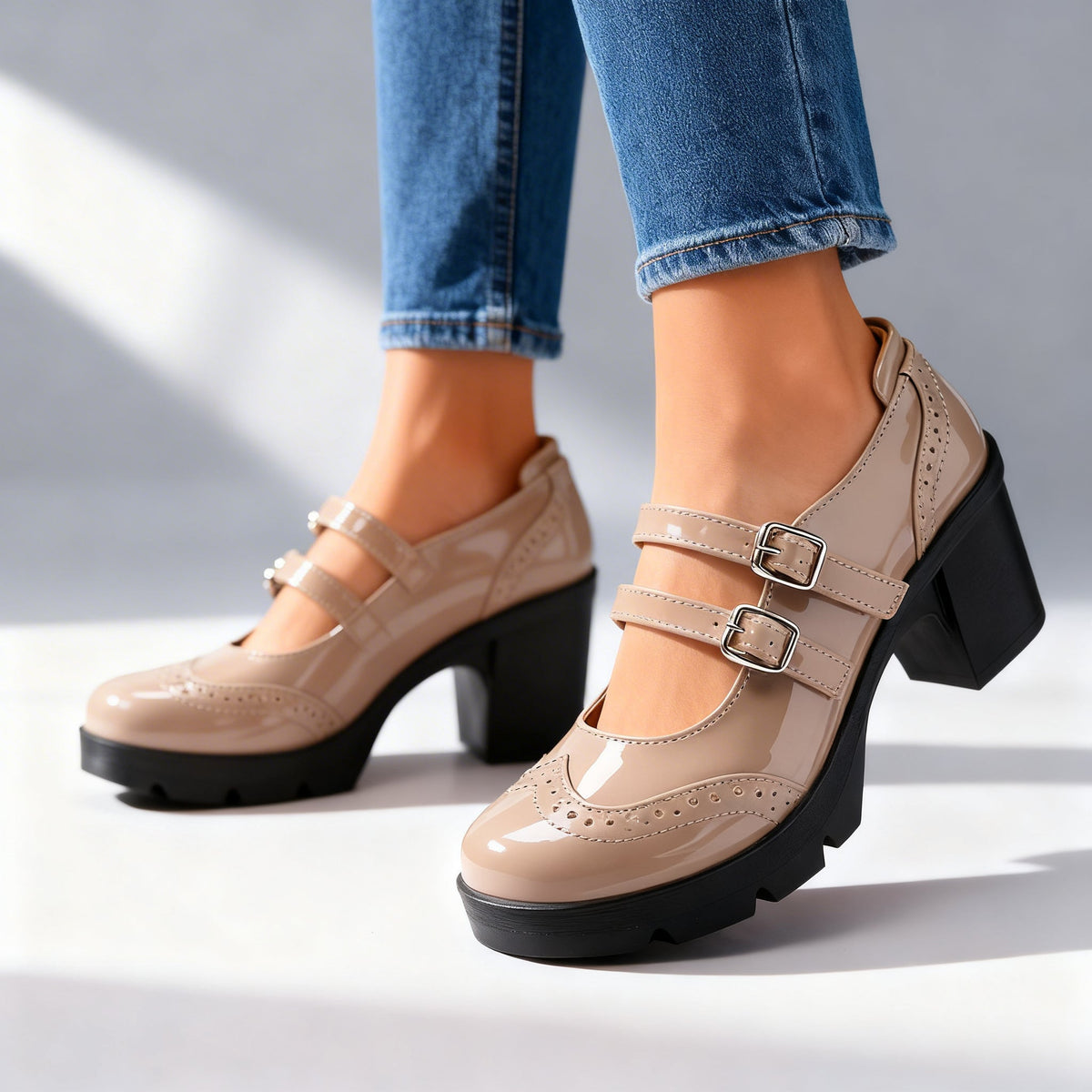 BREXLEY™ | MARY JANE-HÆLER MED DOBBEL REM — Beige