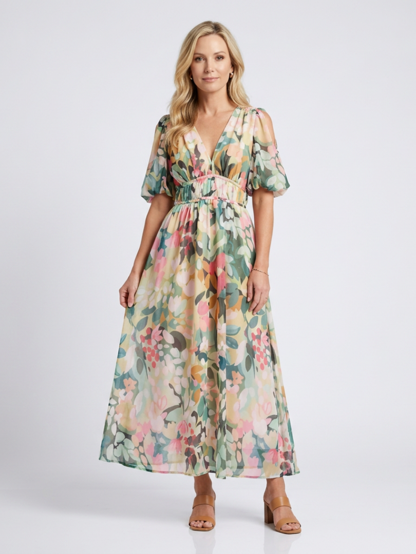 ÉMILIANE™ | AKVAREL BLOMSTER MIDI-KJOLE