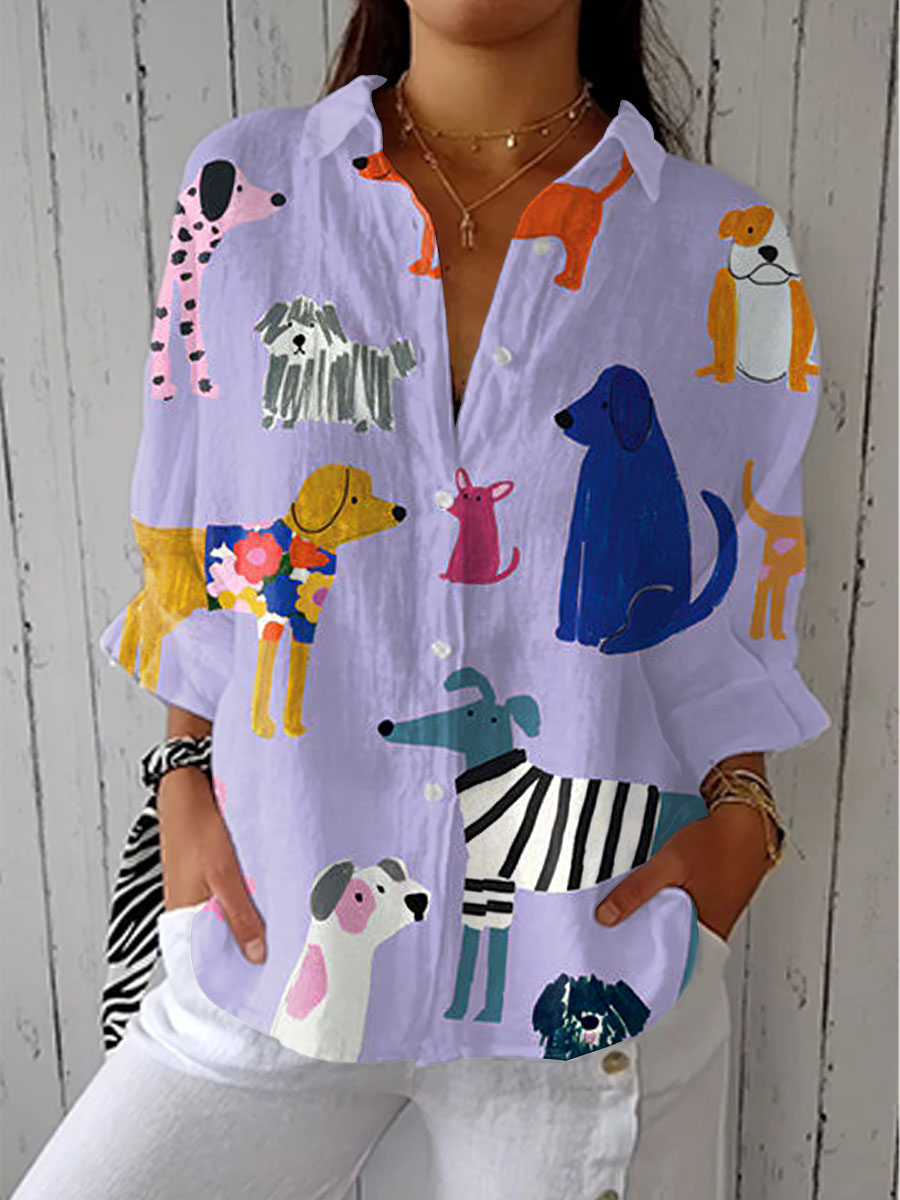 GILLIAN™ | LEKEN HUNDE PRINT BLUSE