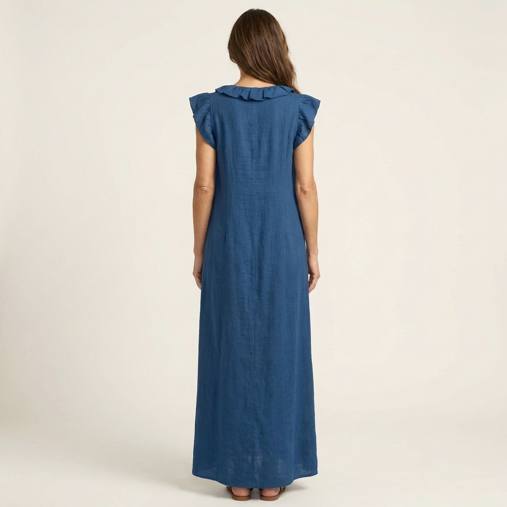 Josette | Maxikjole i lin med V-hals og volanger