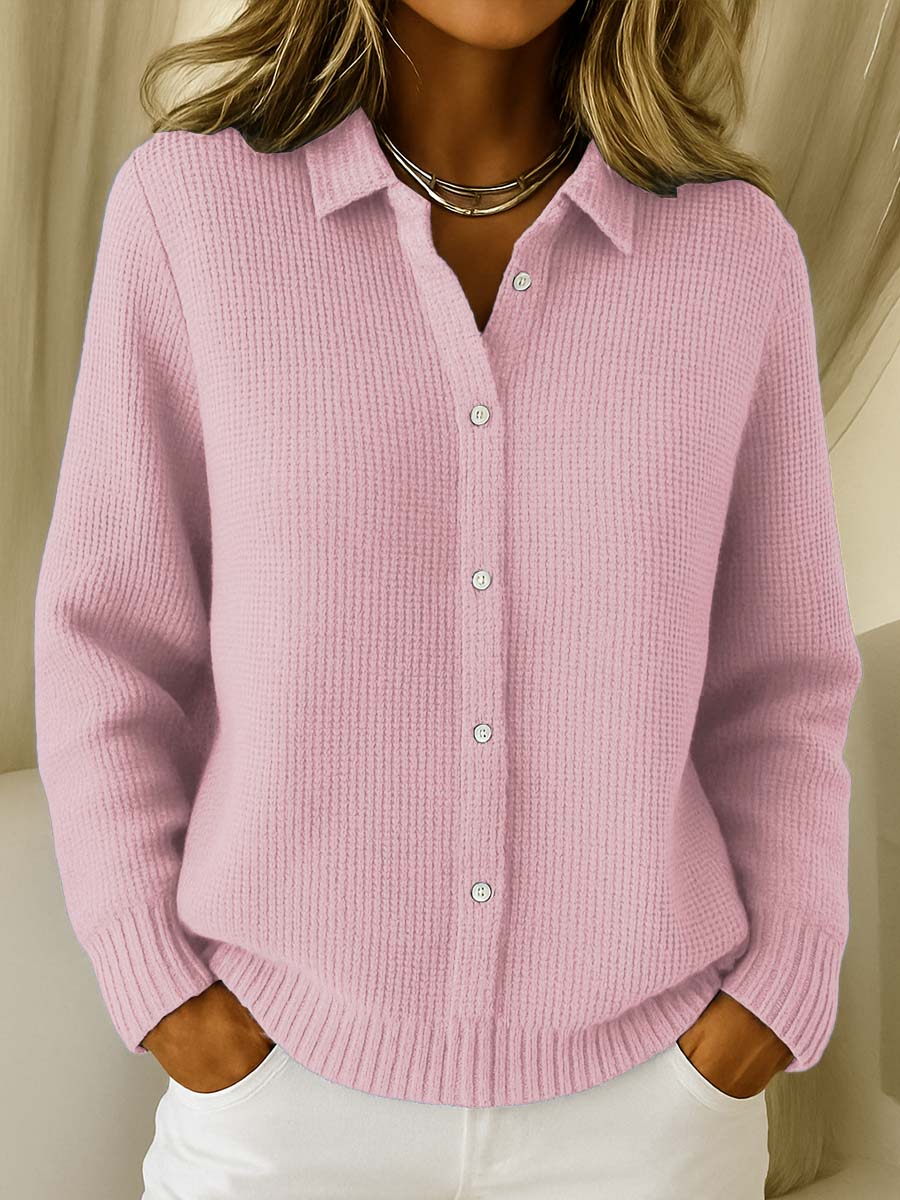 Marja™ Myk Strikkecardigan med Krage — Rosa