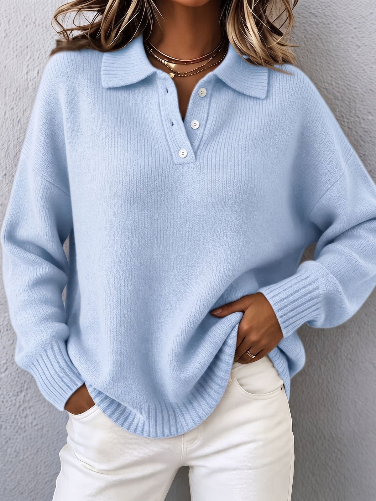 Marvelle™ Strikkegenser med Polo-hette — Blå