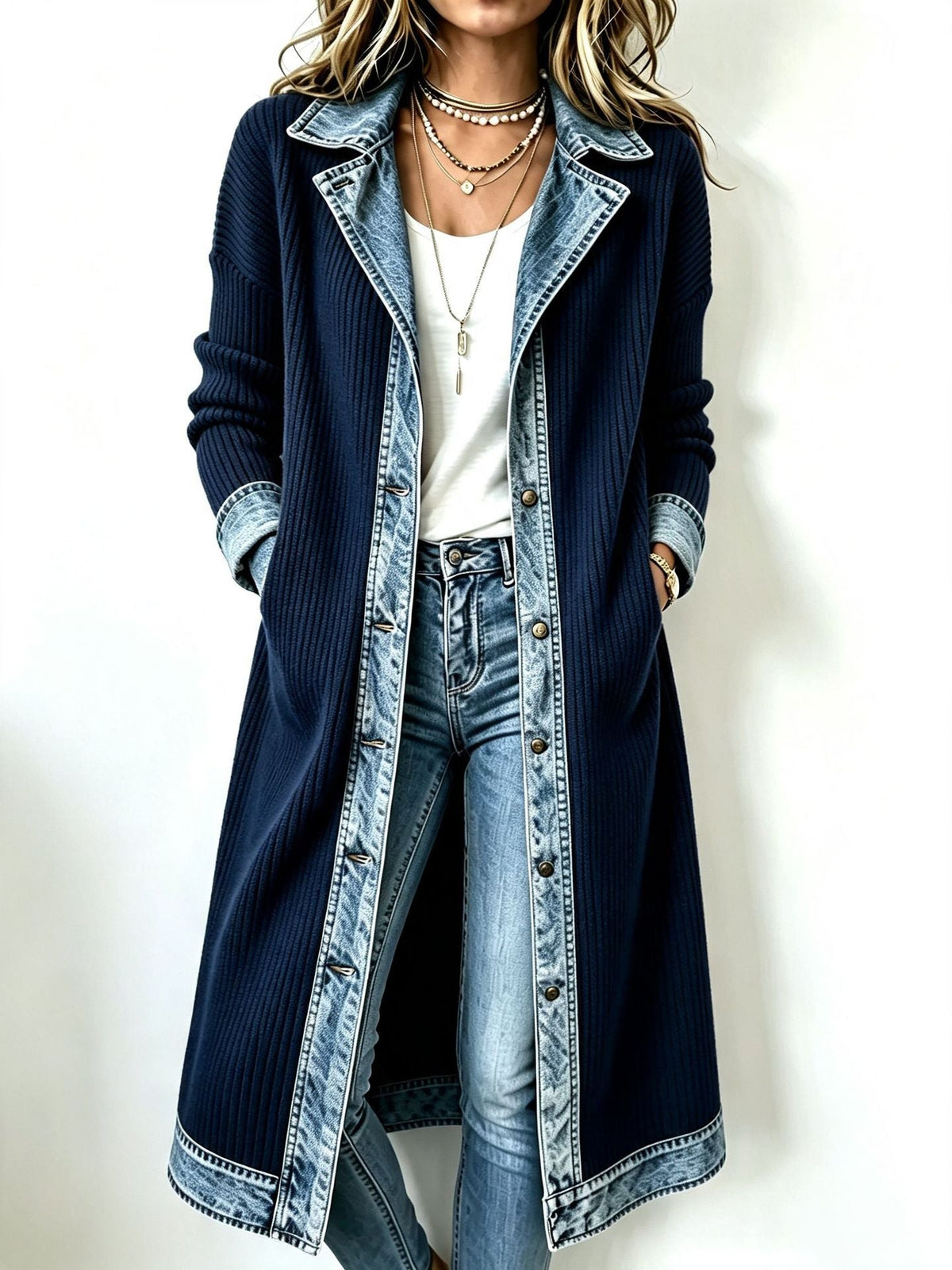 Riley™ Lang Cardigan med Denim-detaljer — Marineblå