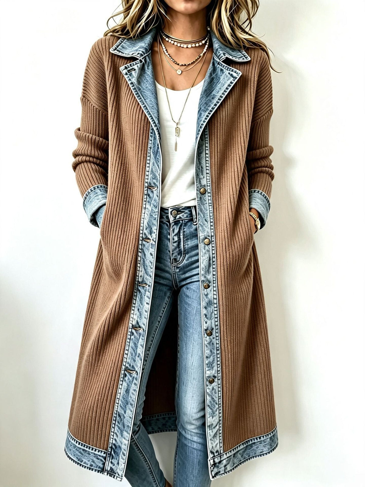 Riley™ Lang Cardigan med Denim-detaljer — Khaki