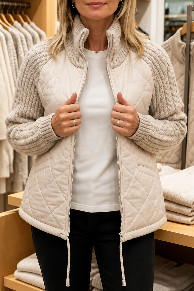 Dora™ Quiltet Jakke med Strikkepaneler — Khaki